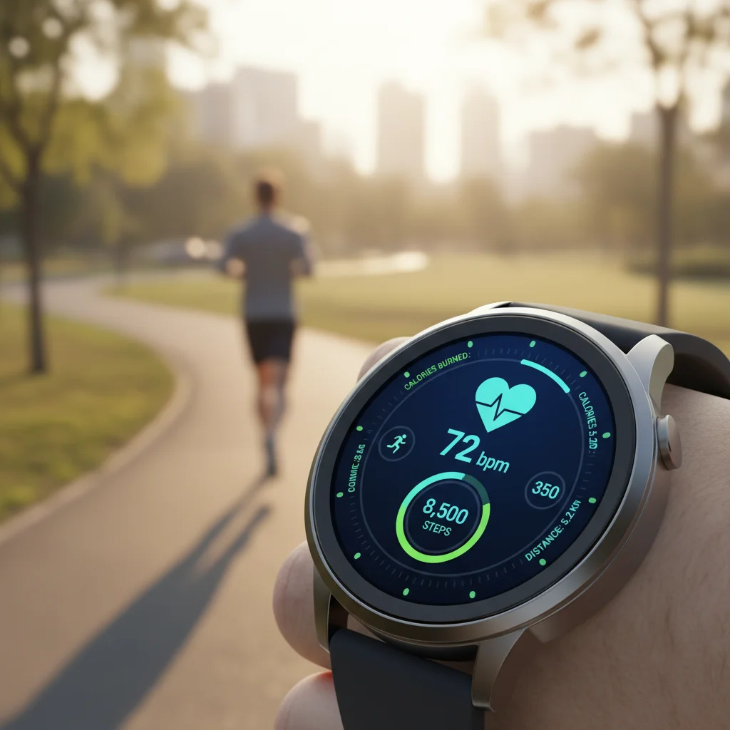 Modern smartwatch displaying health metrics during exercise