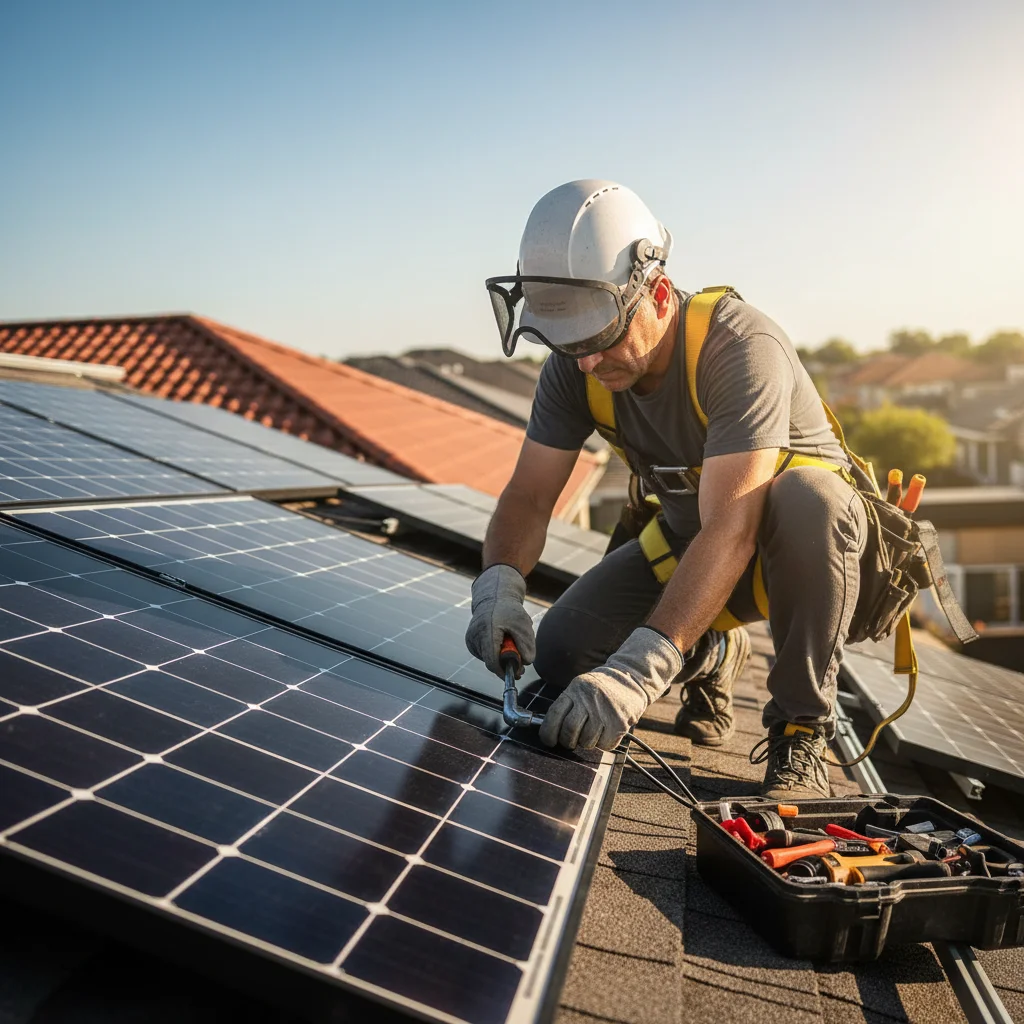 Solar panel installation technician working on a rooftop, emphasizing hands-on renewable energy job skills.