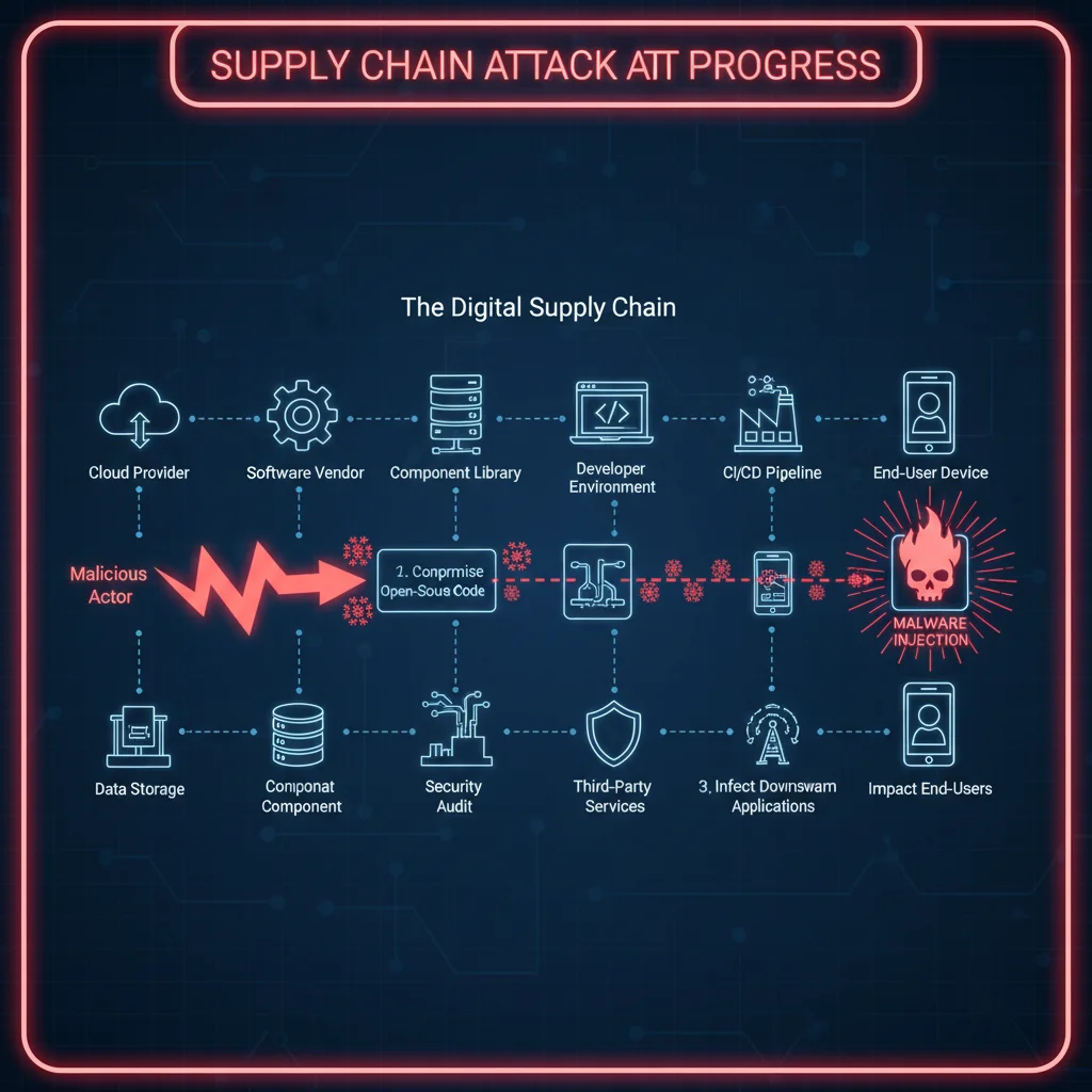 Diagram showing vulnerabilities and infiltration points in a digital supply chain attack.
