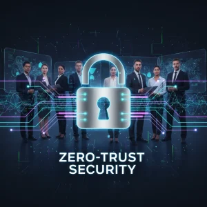 Zero Trust Security network with padlock icon and business professionals