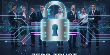 Zero Trust Security network with padlock icon and business professionals