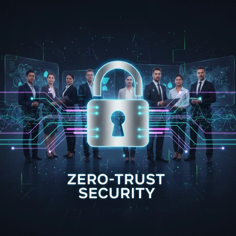 Zero Trust Security network with padlock icon and business professionals